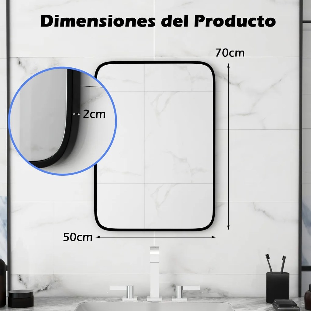 Espelho retangular para casa de banho 70 x 50 x 2 cm de parede com moldura em alumínio preto