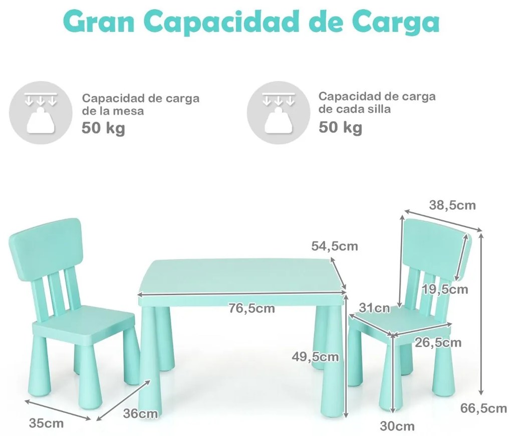 Conjunto de mesa e cadeira para crianças de 1 a 7 anos para atividades escolares, carga máxima de 50 kg, verde