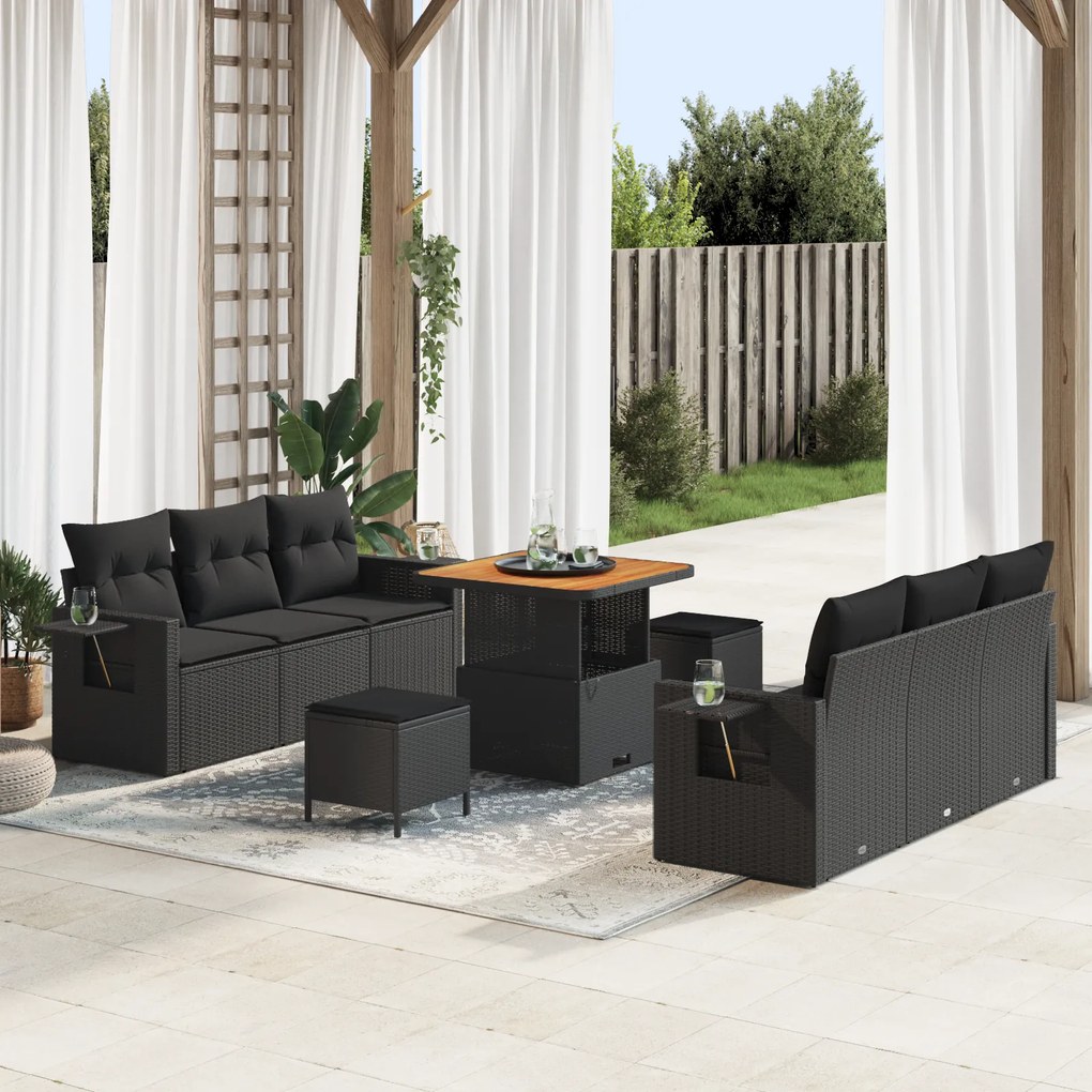 Conjunto de Sofá de Jardim de 9 Peças com Almofadas Vime PE Acácia Pre