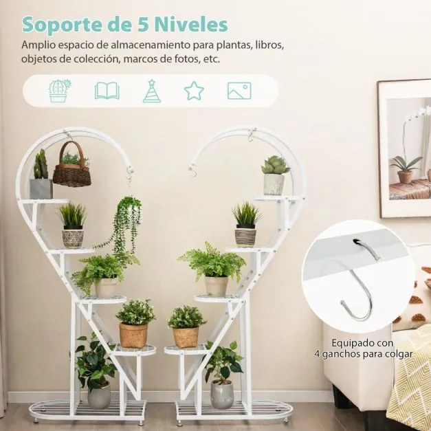 Conjunto de 2 suportes metálicos de 5 níveis para plantas com escada em forma de coração e gancho para pendurar 71 x 30,5 x 148 cm Brancos