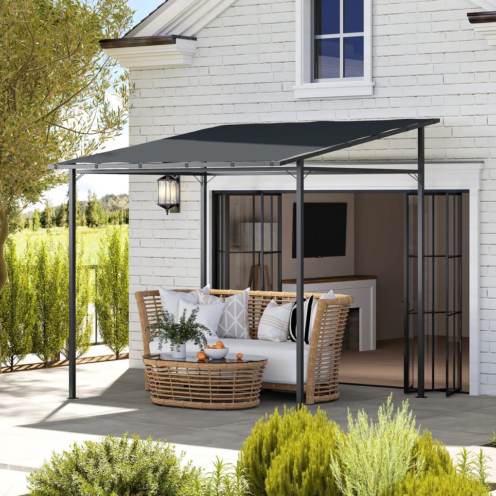 Pérgola de Parede 2,4x2,4 m Pérgola de Jardim com Teto Inclinado Proteção UV 30+ Impermeável e Estrutura de Metal Cinza