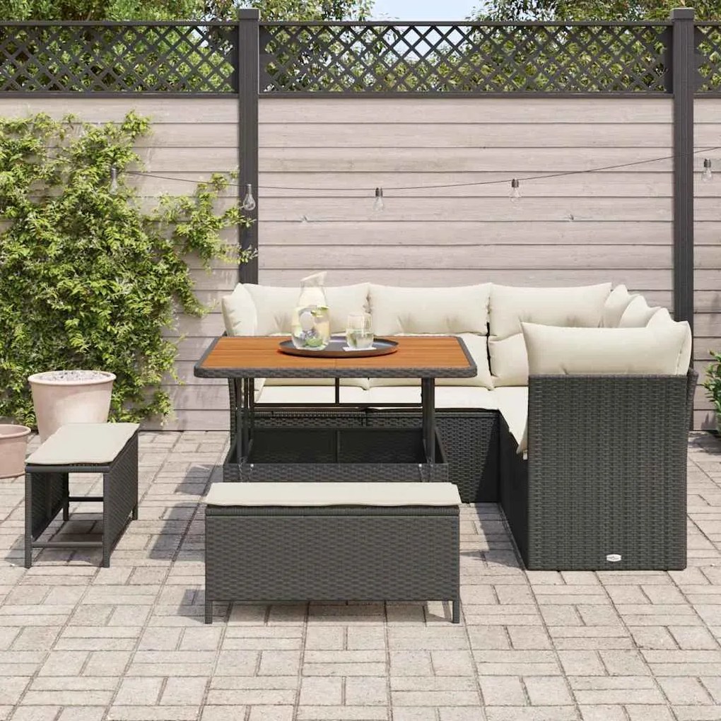Conjunto de Sofá de Jardim 8 Peças com Almofadas Preto Vime Poliéster