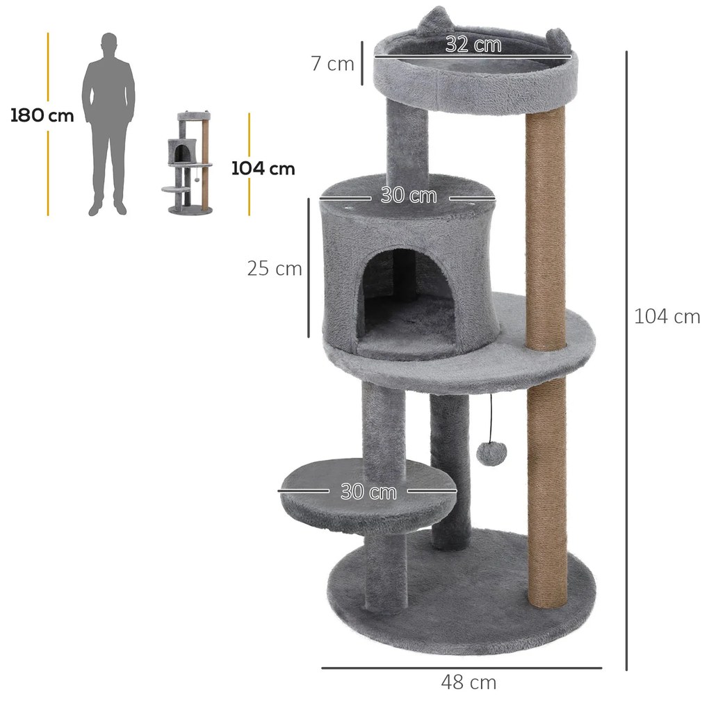 Árvore Arranhador para Gatos com Plataforma Caverna Postes de Sisal e Bola Suspensa 48x48x104 cm Cinza