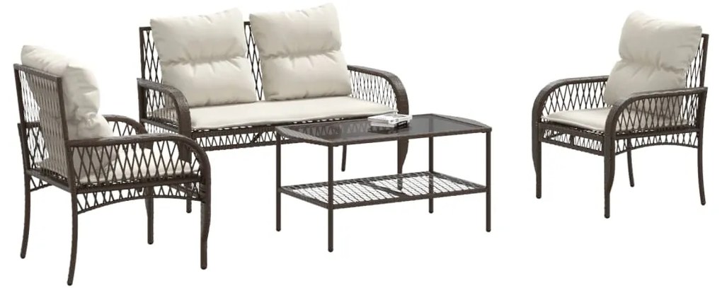 4 pcs conjunto sofás de jardim c/ almofadões vime PE castanho