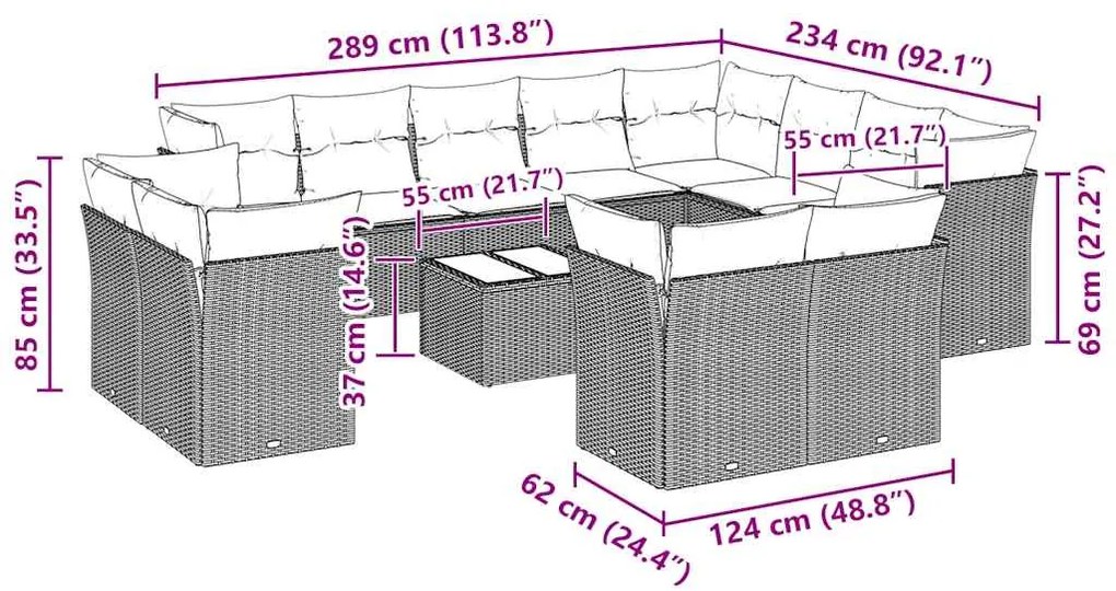 13 pcs conj. sofás jardim c/ almofadões vime PE cinzento-claro