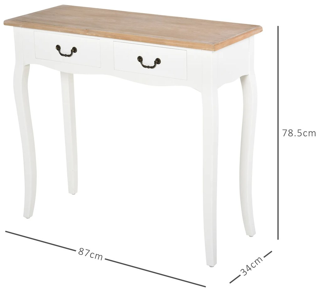 Mesa Consola Mesa Auxiliar com 2 Gavetas para Entrada Corredor Sala de Estar 87x34x78,5cm Branco e Madeira