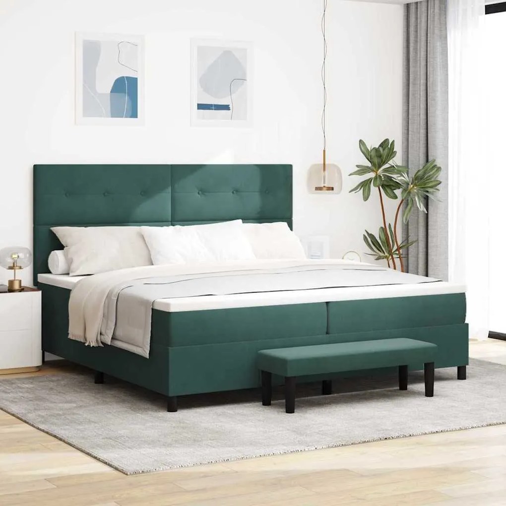Cama Box Spring com Colchão e Banco Verde Escuro 200x200 cm Veludo