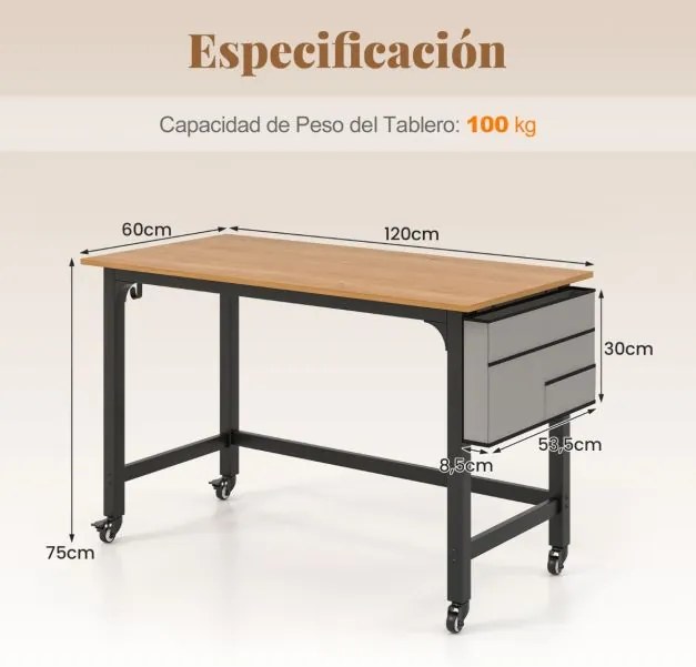 Secretária 120 x 60 x 75 cm com Rodas com Bolsa e Ganchos para Auscultadores Compacta Estrutura Metálica Natural