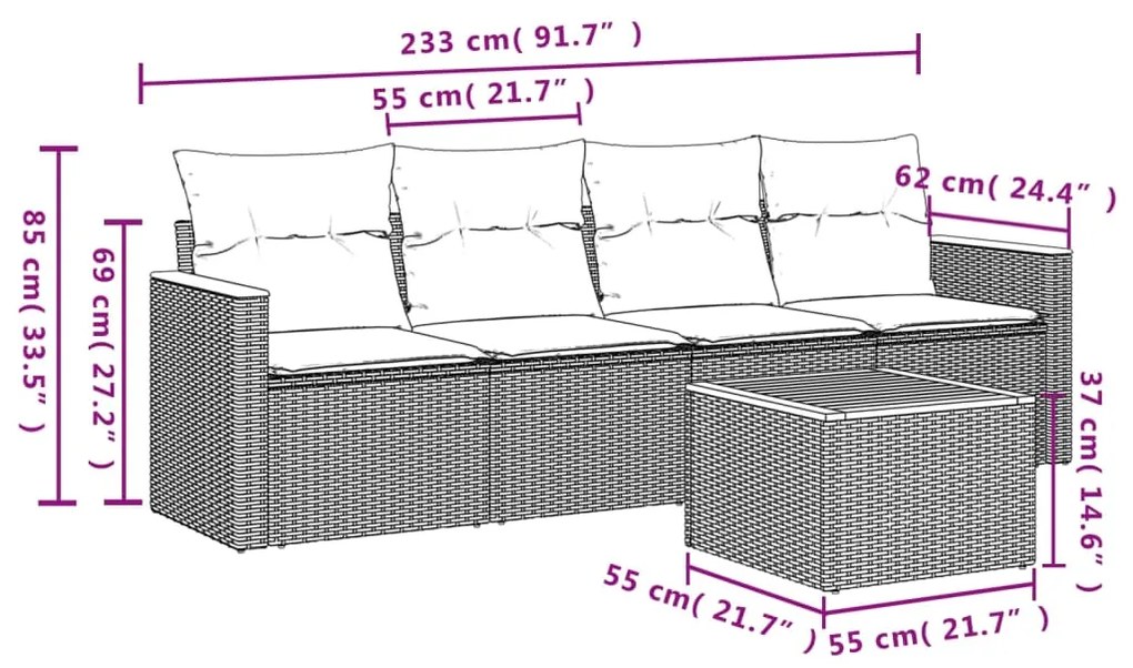 5 pcs conjunto sofás de jardim c/ almofadões vime PE cinzento