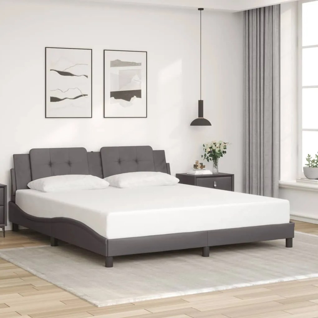 Estrutura de cama c/ luzes LED 180x200cm couro artificial cinza