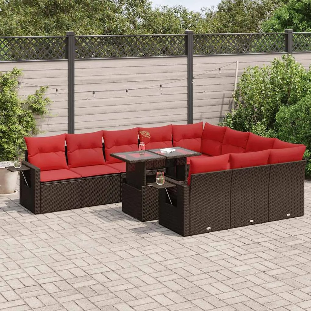 11 pcs conj. sofás jardim c/ almofadões vime PE/acácia castanho