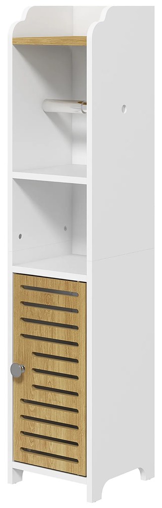 kleankin Armário Casa de Banho Moderno com Prateleiras e Suporte para Papel Higiénico 18x20x90 cm Branco e Madeira | Aosom Portugal