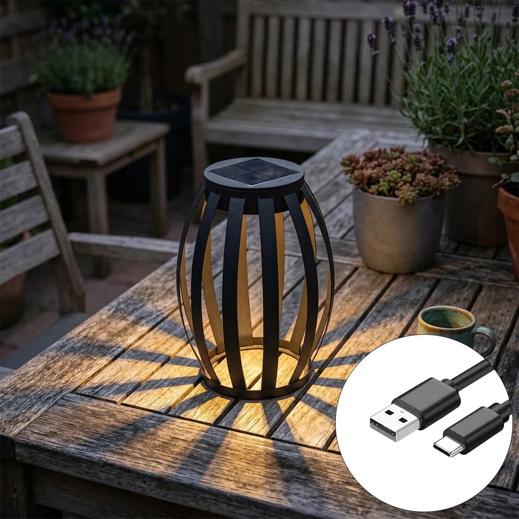Candeeiro de mesa exterior preto com dimmer de 3 níveis solar e recarregável - Sheldon