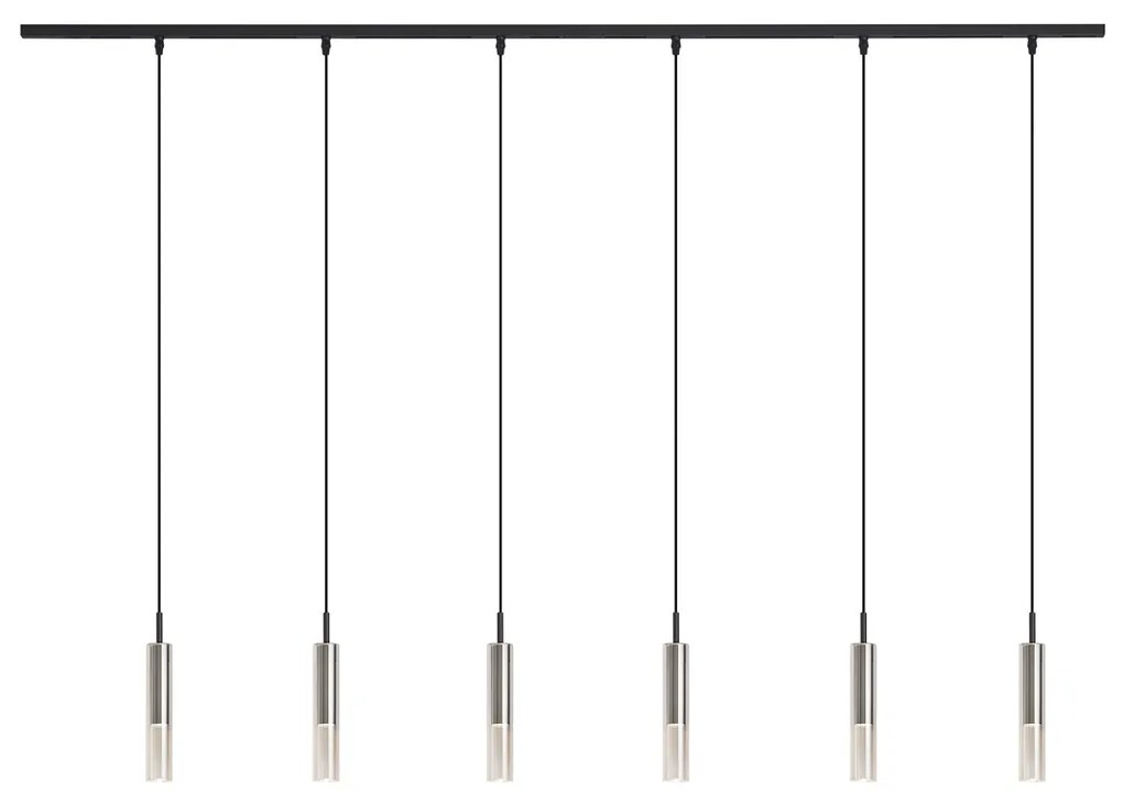 Sistema de iluminação de trilho moderno preto com 6 candeeiros suspensos pretos com vidro fumado 1 fase - Slimline Loyce