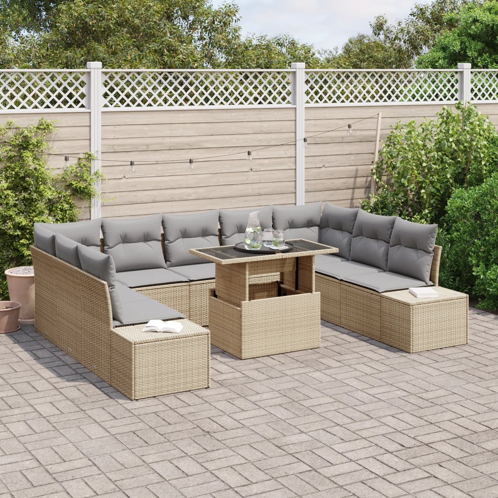 Conjunto de Sofá de Jardim com 10 Peças e Almofadas Bege em Polyrattan
