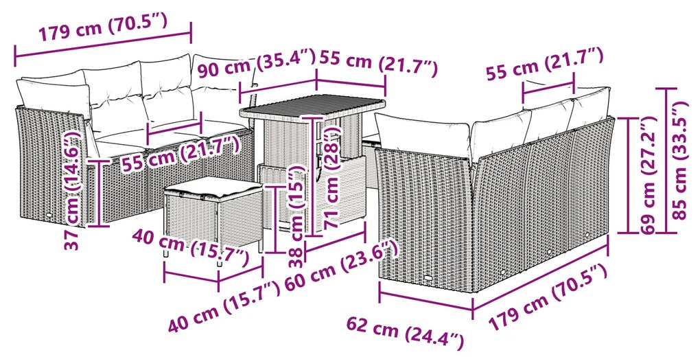 Conjunto de Sofá de Jardim vidaXL com Almofadas Preto Rattan Poliéster