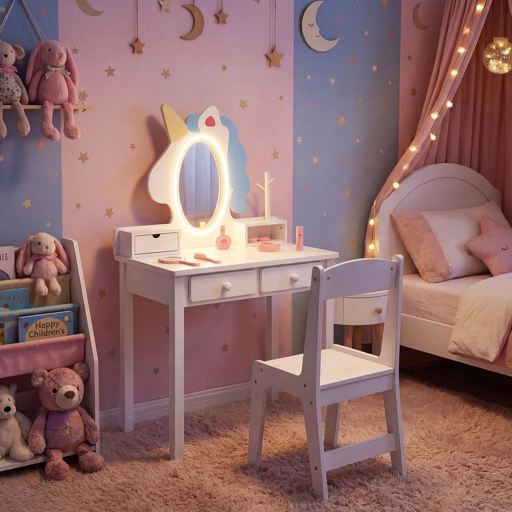 Toucador Infantil com Espelho de Unicórnio e Cadeira, 59 x 35 x 103,5 cm, Espelho LED Ajustável, Branco