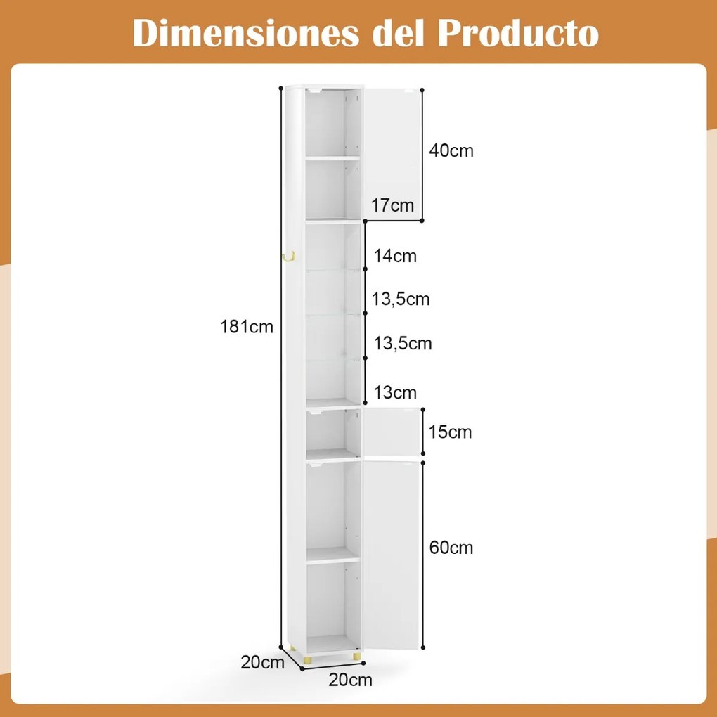 Armário de casa de banho alto de 181 cm estreito com 2 portas e prateleiras ajustáveis Faixa de luzes de 3 cores Branco