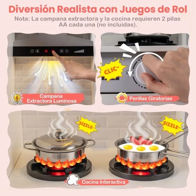 Cozinha de brincar dupla face em madeira 73 x 55 x 98 cm com dispensador de água, micro-ondas e utensílios simulados, luzes e sons, para maiores de 3