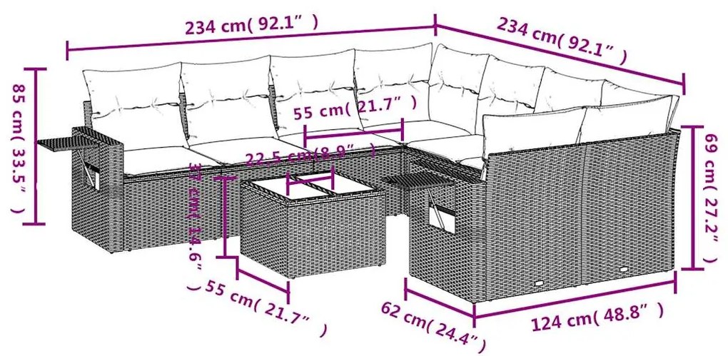 9 pcs conjunto sofás p/ jardim com almofadões vime PE cinzento
