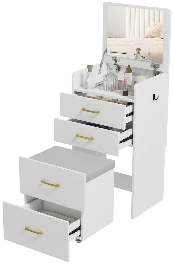 HOMCOM Toucador de Maquilhagem 3 em 1 com Banco Mesa de Maquilhagem com Espelho Gavetas e Bancada de Vidro Visível Toucador Moderno para Quarto 48x40x90 cm Branco