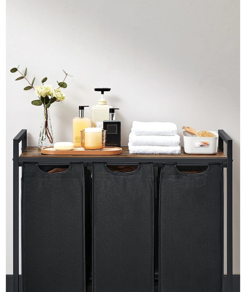 Cesto para roupa suja 3 x 38 L com 1 prateleira Castanho Vintage  + preto