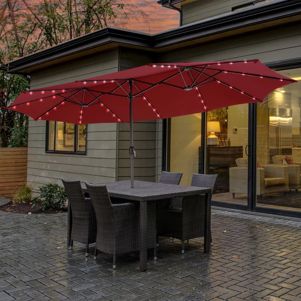 Guarda-sol de duplo de 470 cm com 48 luzes LED Painel solar Sistema de carregamento automático Sistema de manivela para piscina jardim pátio Vermelho