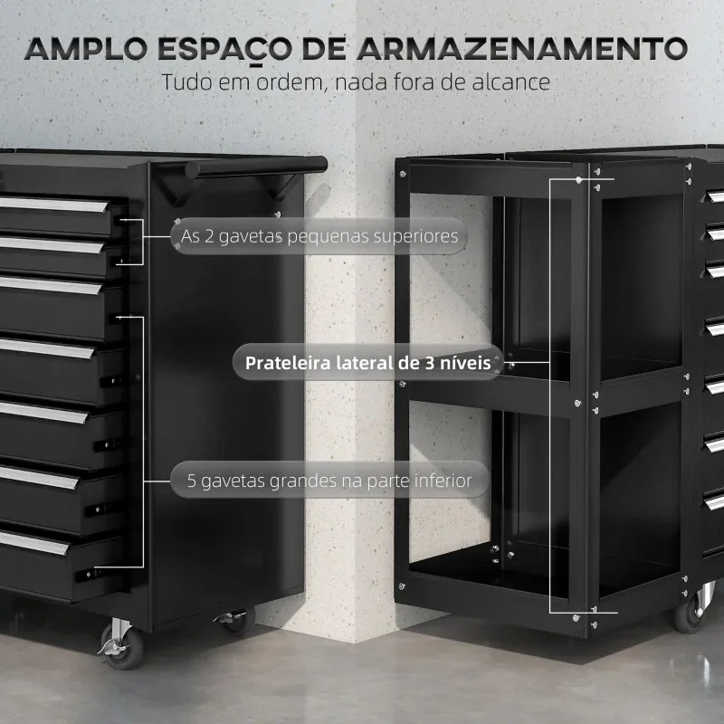 Carrinho de Ferramentas com 7 Gavetas Estante de 3 Níveis Removível Sistema de Fecho Central Asa 2 Rodas com Travão Preto