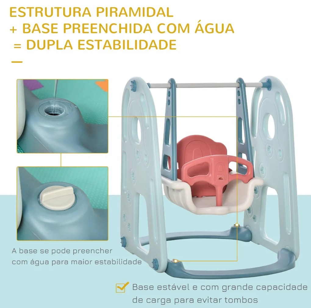 Escorrega Infantil com Baloiço e Cesta de Basquetebol 3 em 1 para Crianças acima de 18 meses com Assento Ajustável Centro de Atividades para Interior