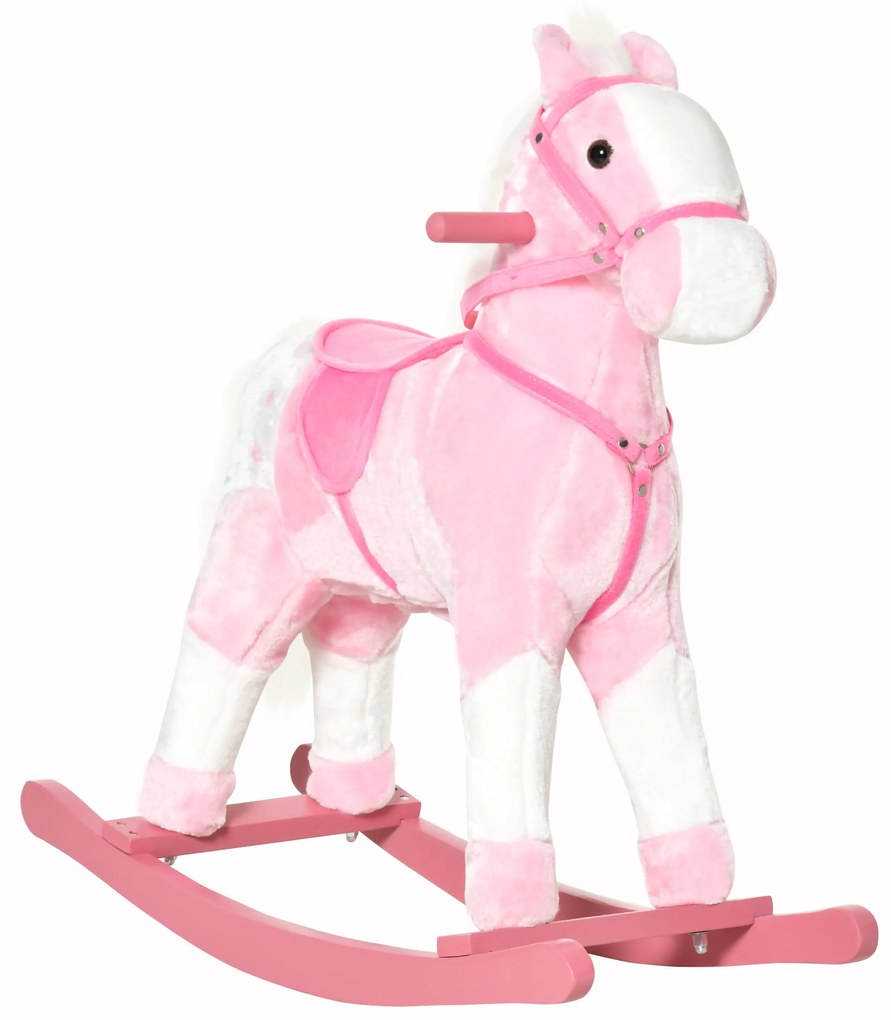 HOMCOM Cavalo de Balanço Pelúcia Rosa com Sons Estrutura Madeira para Crianças 3-6 Anos 74x28x65 cm