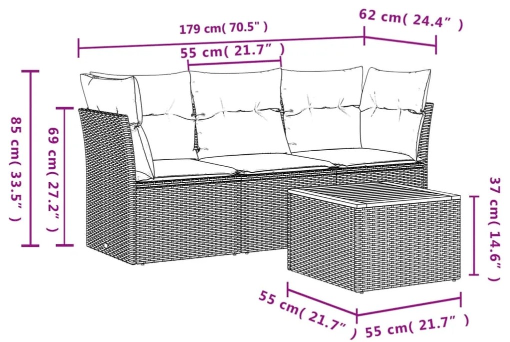 4 pcs conjunto de sofás para jardim c/ almofadões vime PE bege