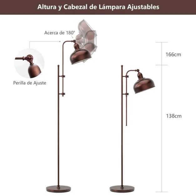 Candeeiro de pé industrial com altura ajustável 28 x 43 x 138-166 cm, com ângulo regulável, base pesada, casquilho E27, bronze