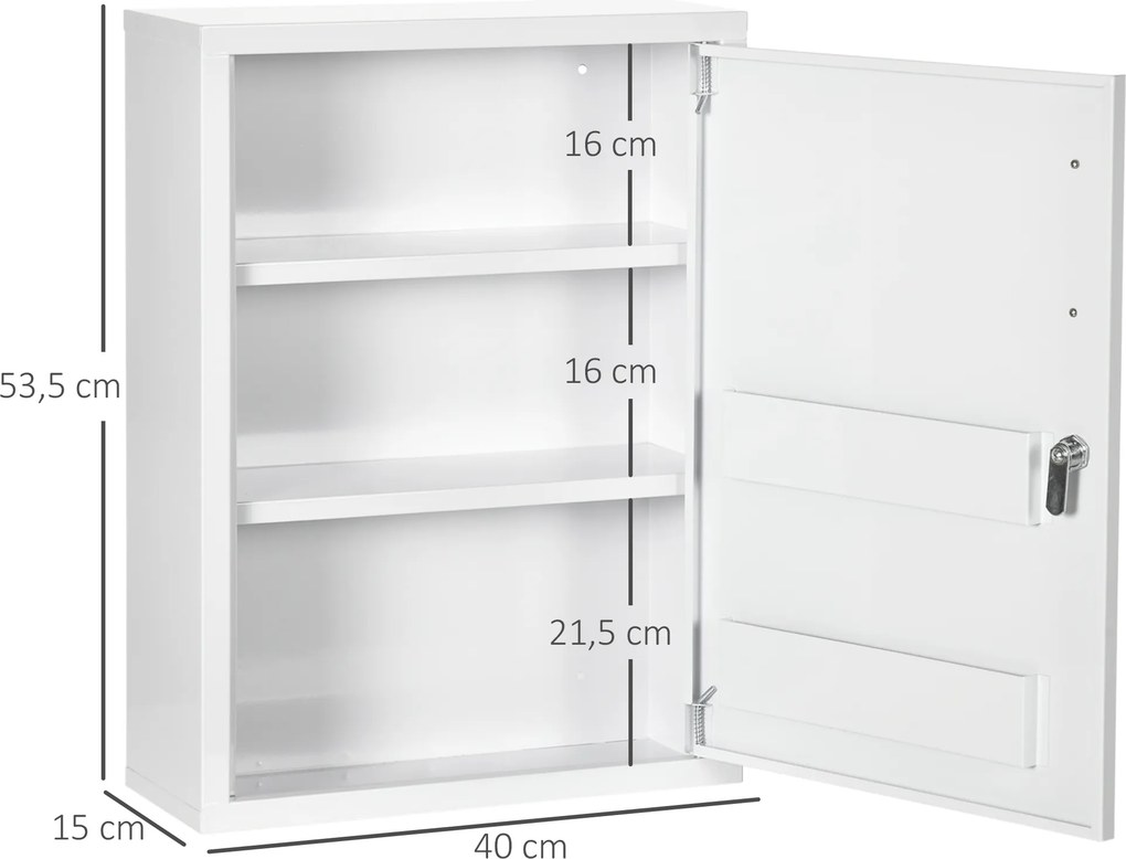 Armário de Parede de Aço para Medicamentos de 3 Níveis com Fechadura e 2 Chaves para Casa de Banho 40x15x53,5 cm Branco