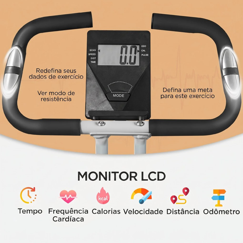 Bicicleta Estática Dobrável Silenciosa com 8 Níveis de Resistência, Monitor LCD, Assento Ajustável e Rodas, Branca