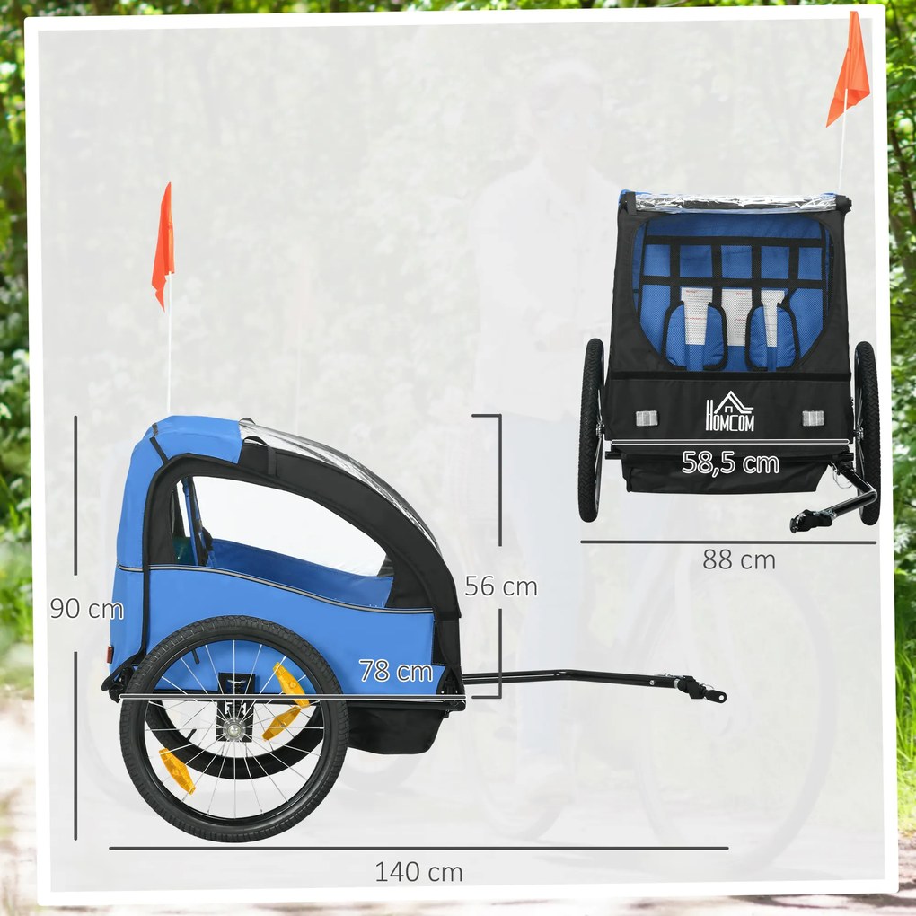 Reboque de Bicicleta para Crianças de 2 Lugares com Cinto de Segurança e Sistema de Amortecimento 140x88x90 cm Azul