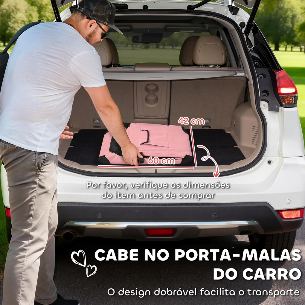 Transportadora Dobrável para Cães 60x41,5x41 cm com Janelas de Rede, Almofada Macia e 2 Alças para Mini Cães e Gatos Rosa