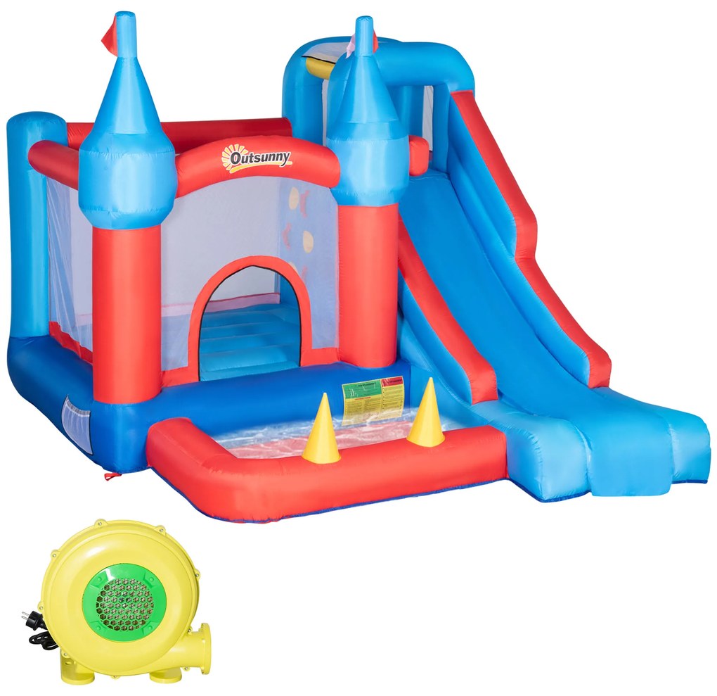 Castelo Insuflável com Escorrega Trampolim Piscina e Pistola de Água para Crianças acima de 3 Anos com Inflador e Bolsa de Transporte para Interior e Exterior 333x280x210cm Multicor