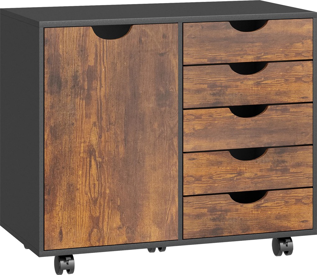 HOMCOM Móvel de arrumação para escritório 5 gavetas 1 porta prateleira ajustável, suporte para impressora rodízios, 78x40x66,5 cm, castanho | Aosom Portugal