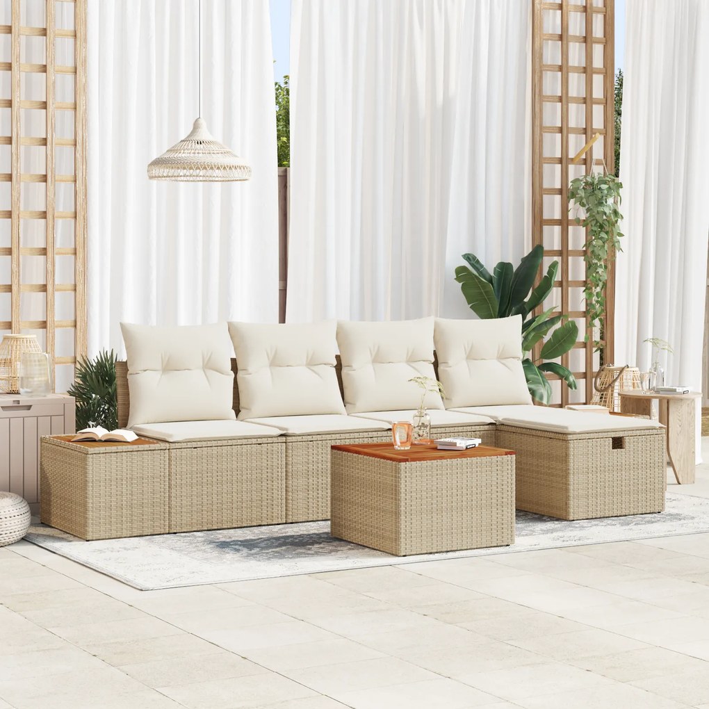 Conjunto de Sofá de Jardim de 6 peças com Almofadas, Rattan Poliéster Bege