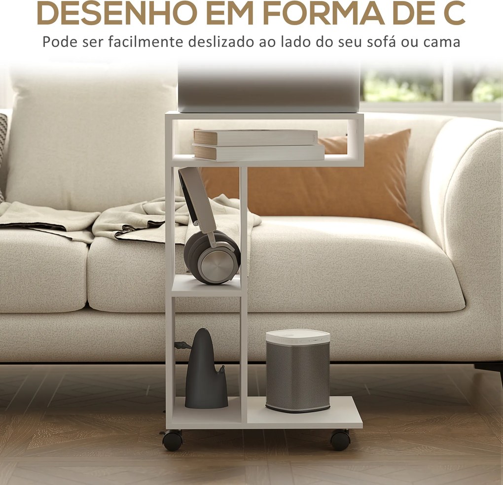 Mesa Auxiliar em Forma de C Mesa Auxiliar para Sofá com Rodas Compartimentos Abertos 40x30x69 cm Branco