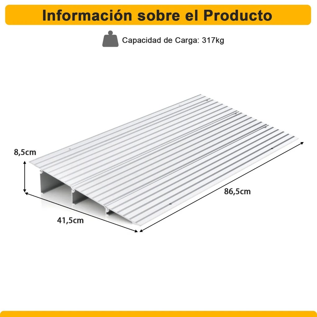 Rampa escadas cadeiras de rodas com moldura em alumínio e superfície antiderrapante Carga 317 kg para cadeiras roda 86,5 x 41,5 x 8,5 cm Prata