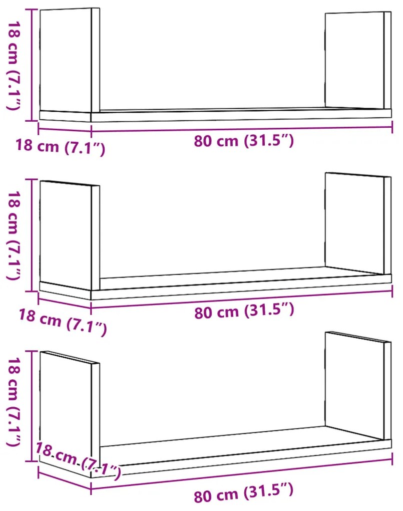 Prateleiras de parede 3 pcs derivados madeira carvalho sonoma