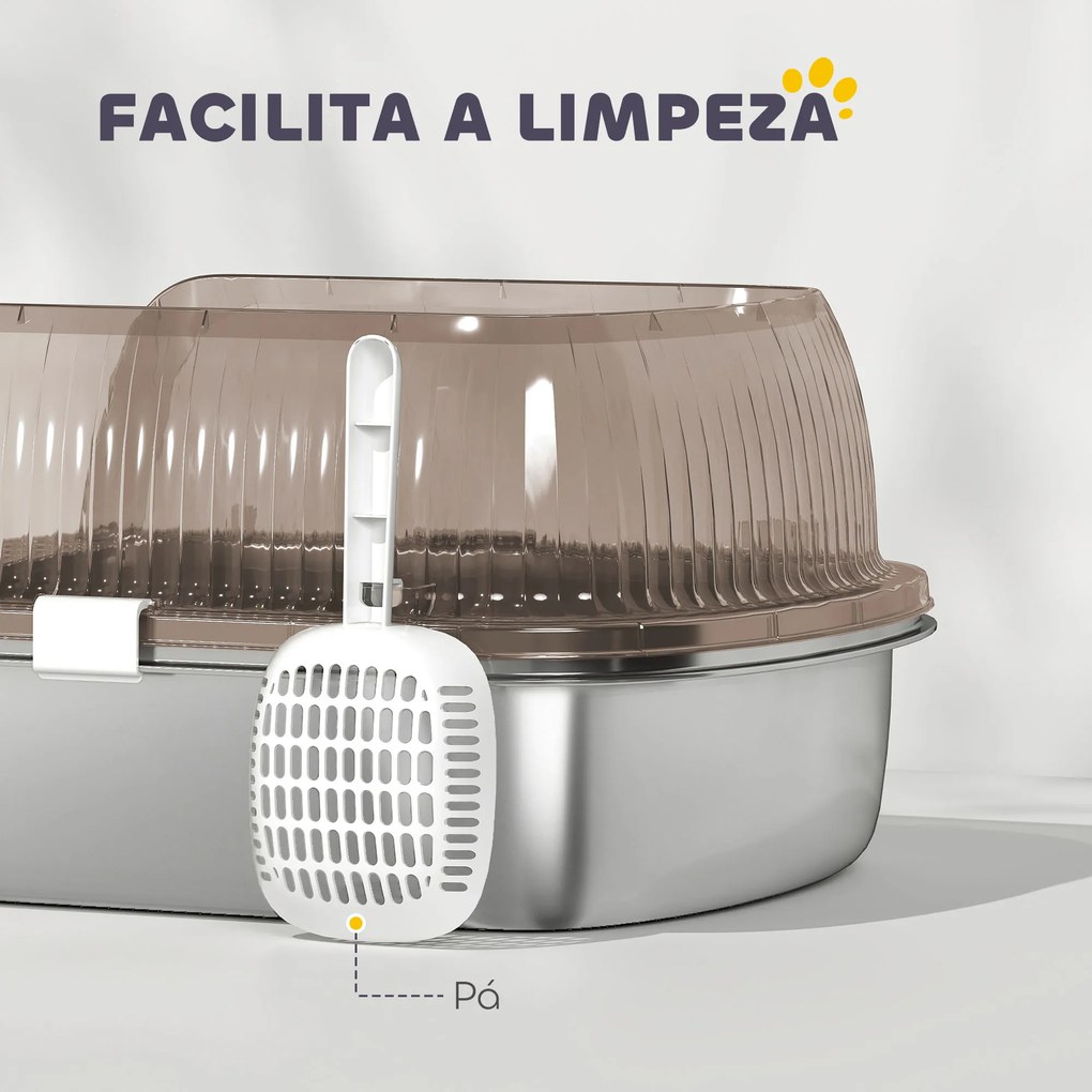 Caixa de Areia para Gatos Fechada com Bandeja em Aço Inoxidável Bordas Altas Pá para Gatos Grandes 53x42x27 cm Cinzento
