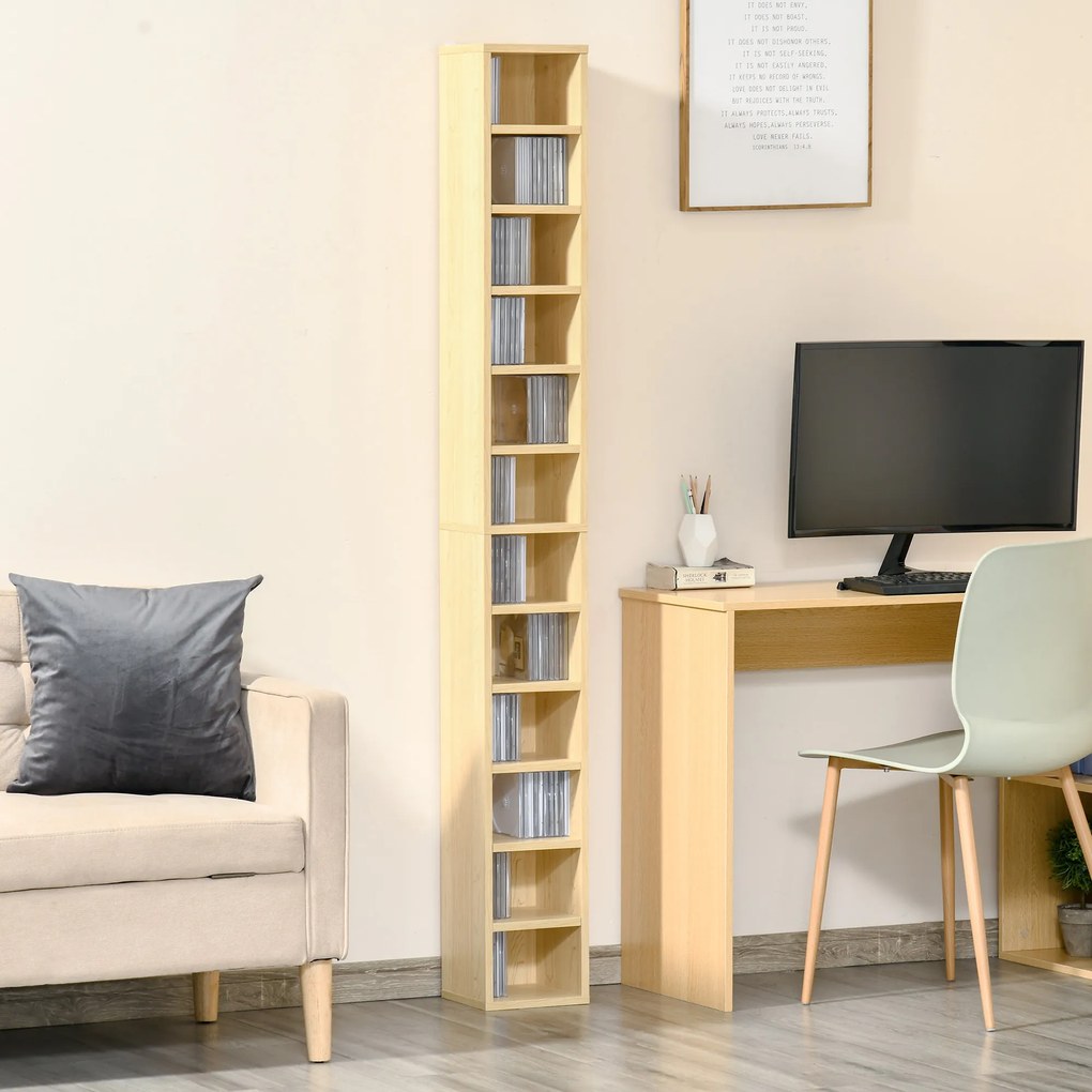 Organizador para CD e DVD , 21 x 20 x 175 cm, estante vertical, móvel de arrumação com 12 compartimentos, capacidade máxima de 204 CD, madeira natural