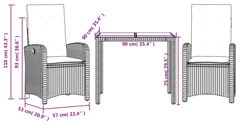 3 pcs conjunto de jantar p/ jardim c/ almofadões vime PE cinza