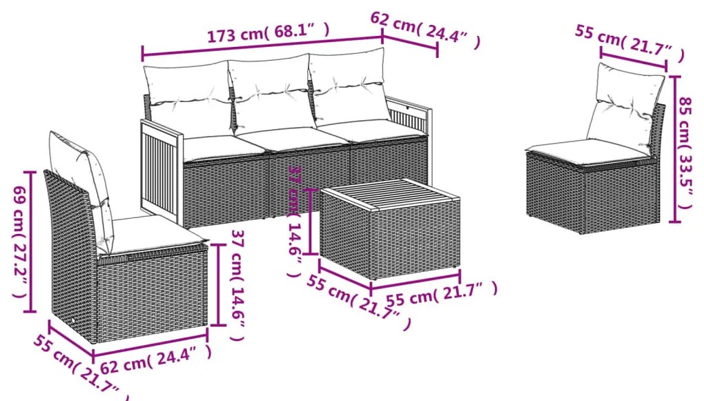 6 pcs conjunto sofás de jardim c/ almofadões vime PE preto