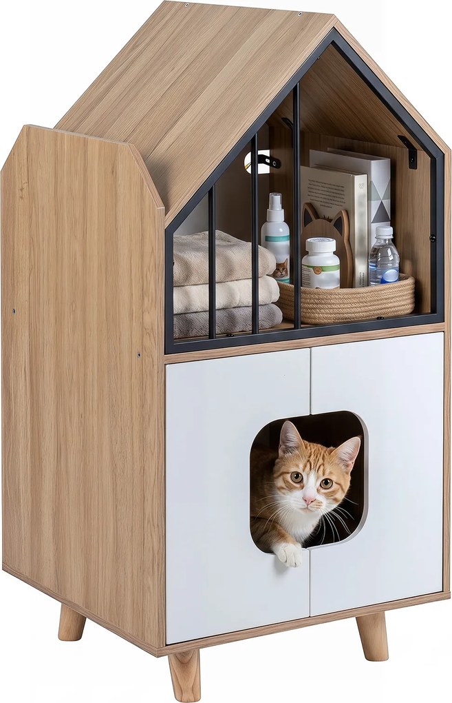 Móvel para Gato com Refúgio e Armário para caixa areia (CAIXA AREIA NÃO INCLUIDA), 50 x 48,5 x 100 cm, Design de Dois Níveis, Natural e Branco