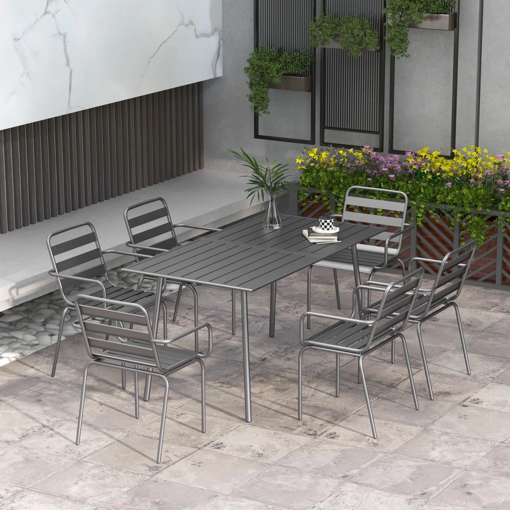Conjunto de jardim para refeições, composto por 7 peças, com 1 mesa e 6 cadeiras empilháveis em aço cinzento escuro