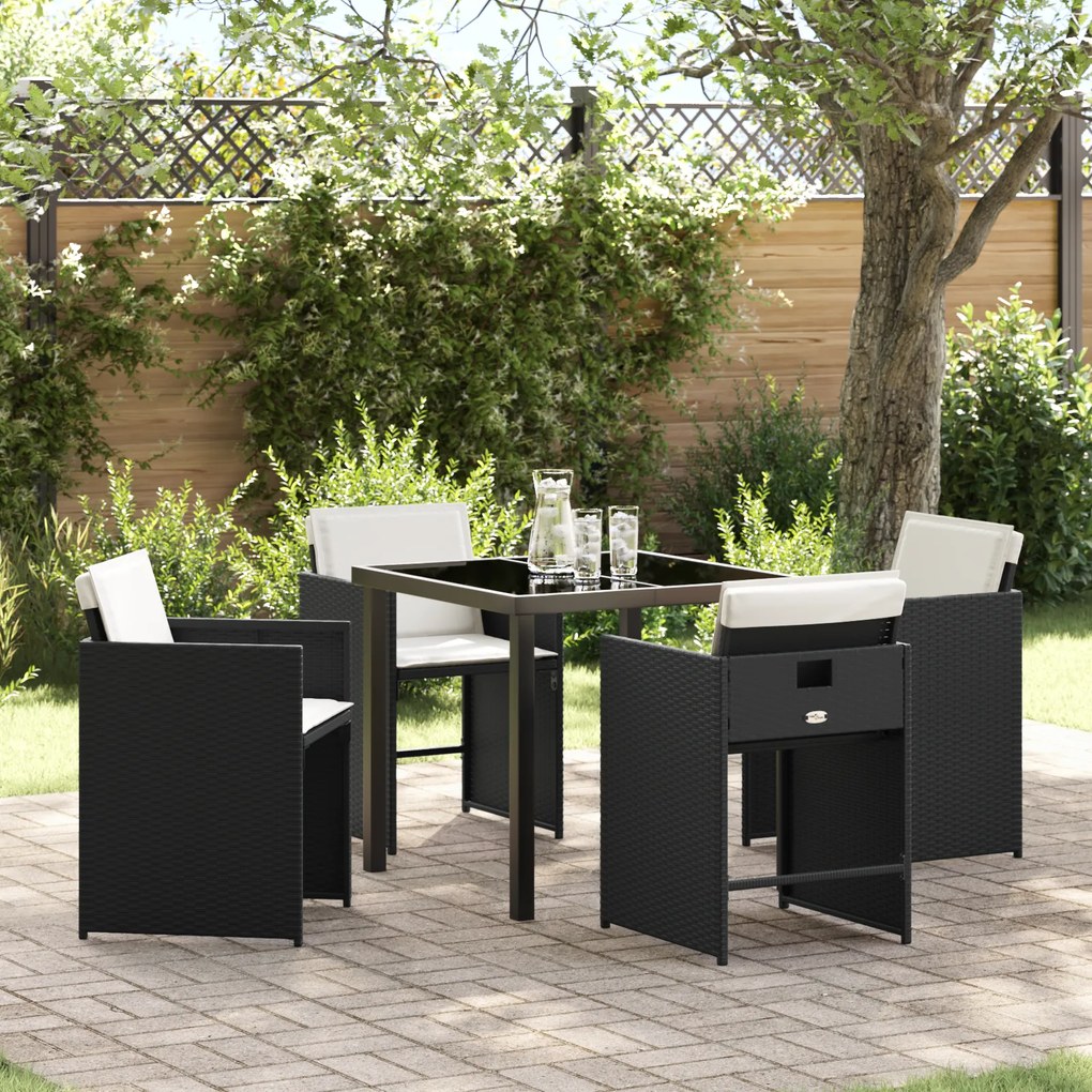 vidaXL Conjunto de Jantar para Jardim com 5 Peças e Almofadas Preto Vime PE
