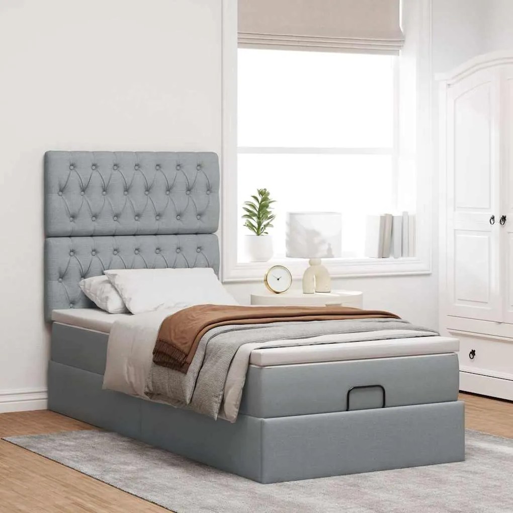Cama Otomana com colchão & LEDs 80x200cm tecido cinza-claro
